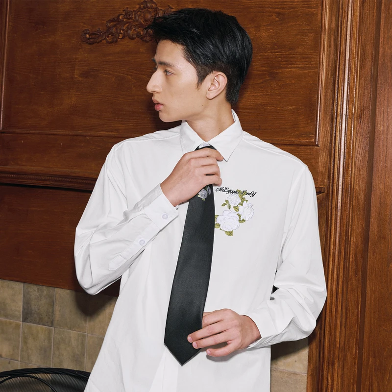 MEDM2025新品山茶花刺绣长袖翻领休闲衬衫秋季美式潮牌修身衬衣男