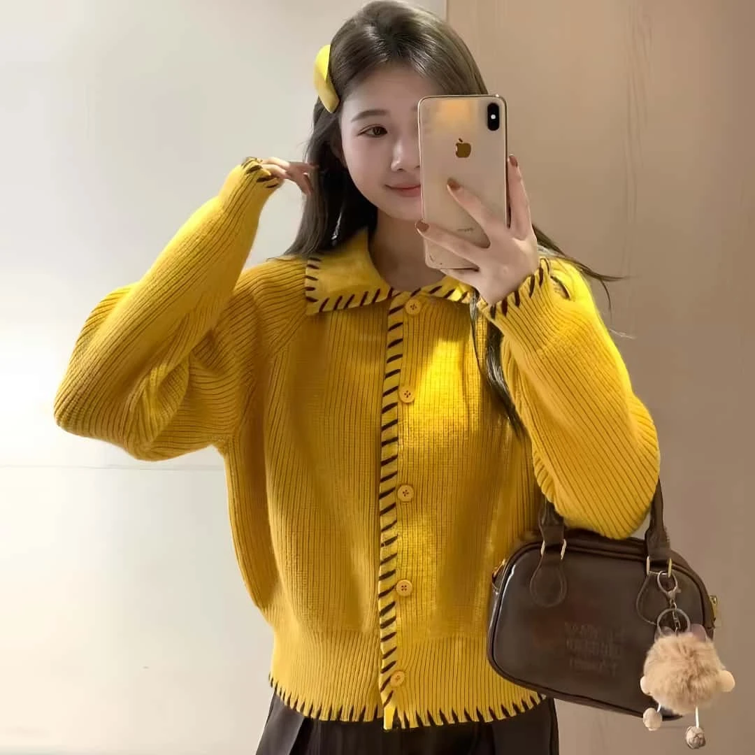 大码胖mm韩系编织花纹翻领长袖针织开衫女秋季慵懒风显瘦毛衣外套
