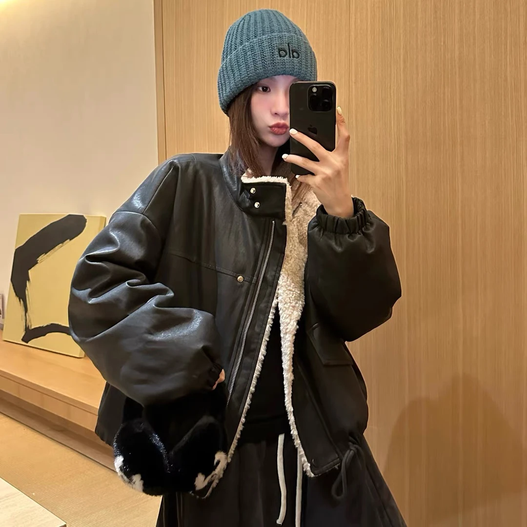 韩系立领拼接设计宽松皮毛一体外套2025冬新加厚保暖皮羊羔毛外套