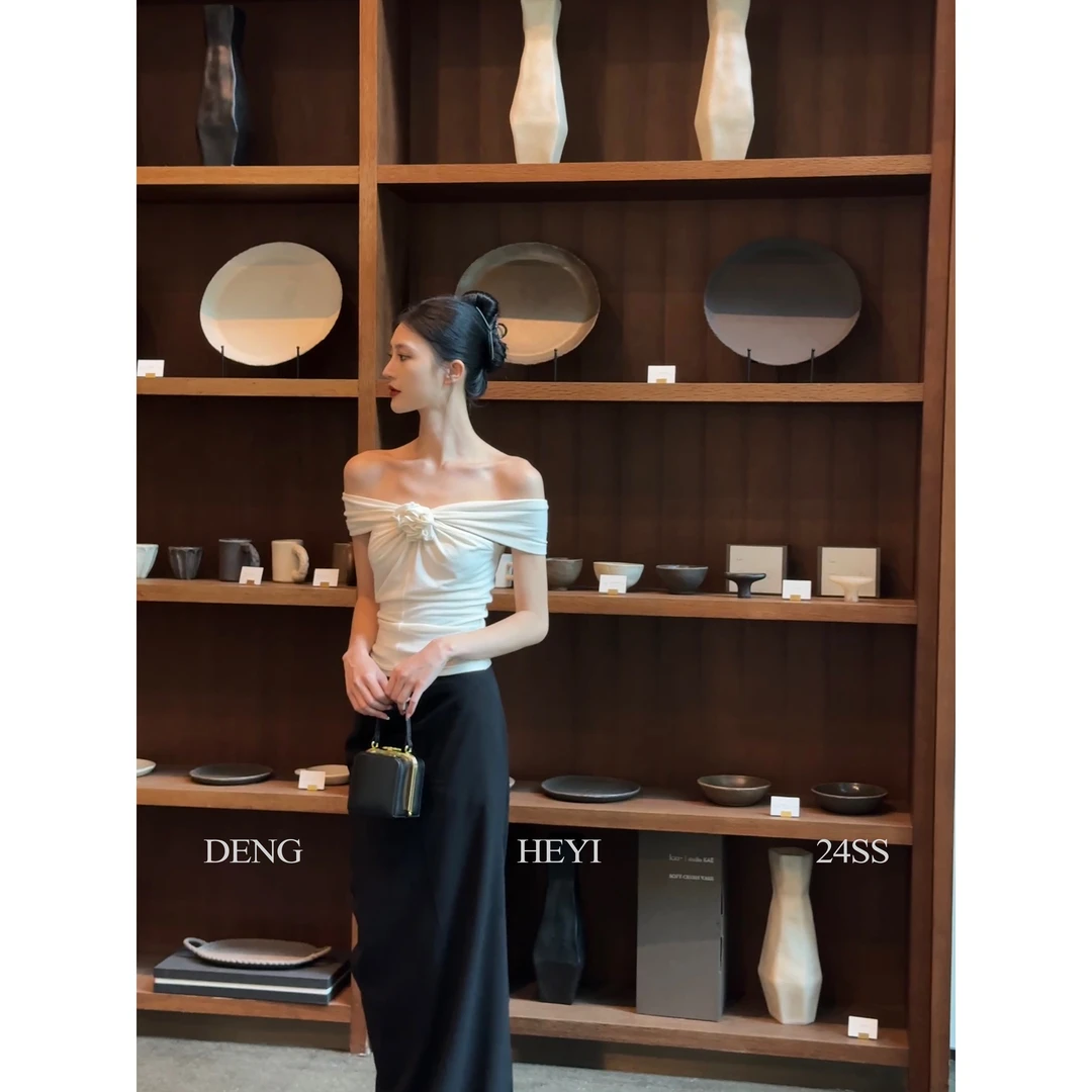 HEYI【月光】一字肩立体花朵吊带背心气质小众设计上衣