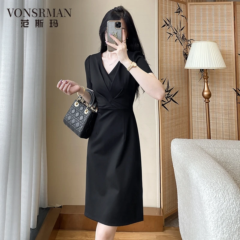 黑色收腰V领连衣裙夏季高端轻奢女装修身显瘦气质通勤赫本小黑裙