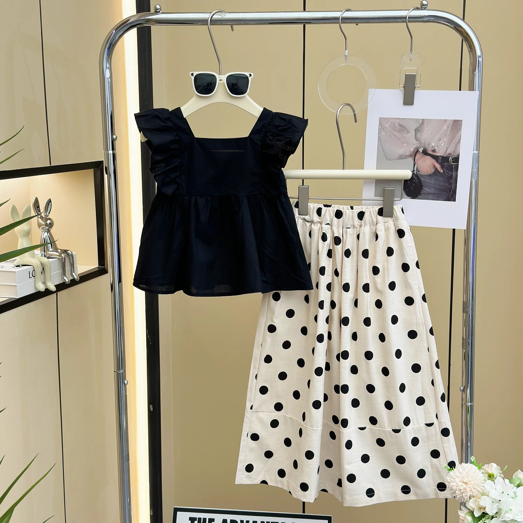 【现货现发】女童套装夏季2025新款洋气法式小飞袖蝴蝶结波点阔腿裤