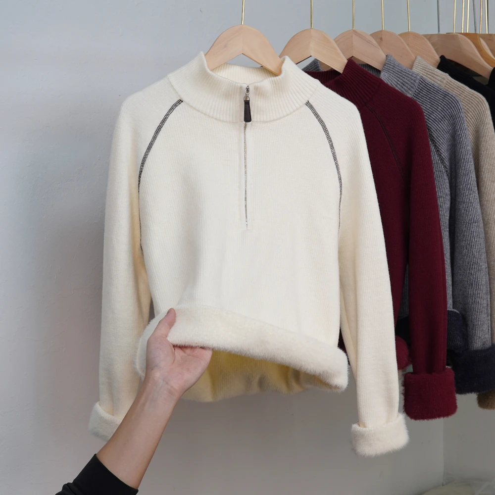 韩系半高领一体绒加厚打底毛衣女秋冬设计感半拉链内搭保暖针织衫