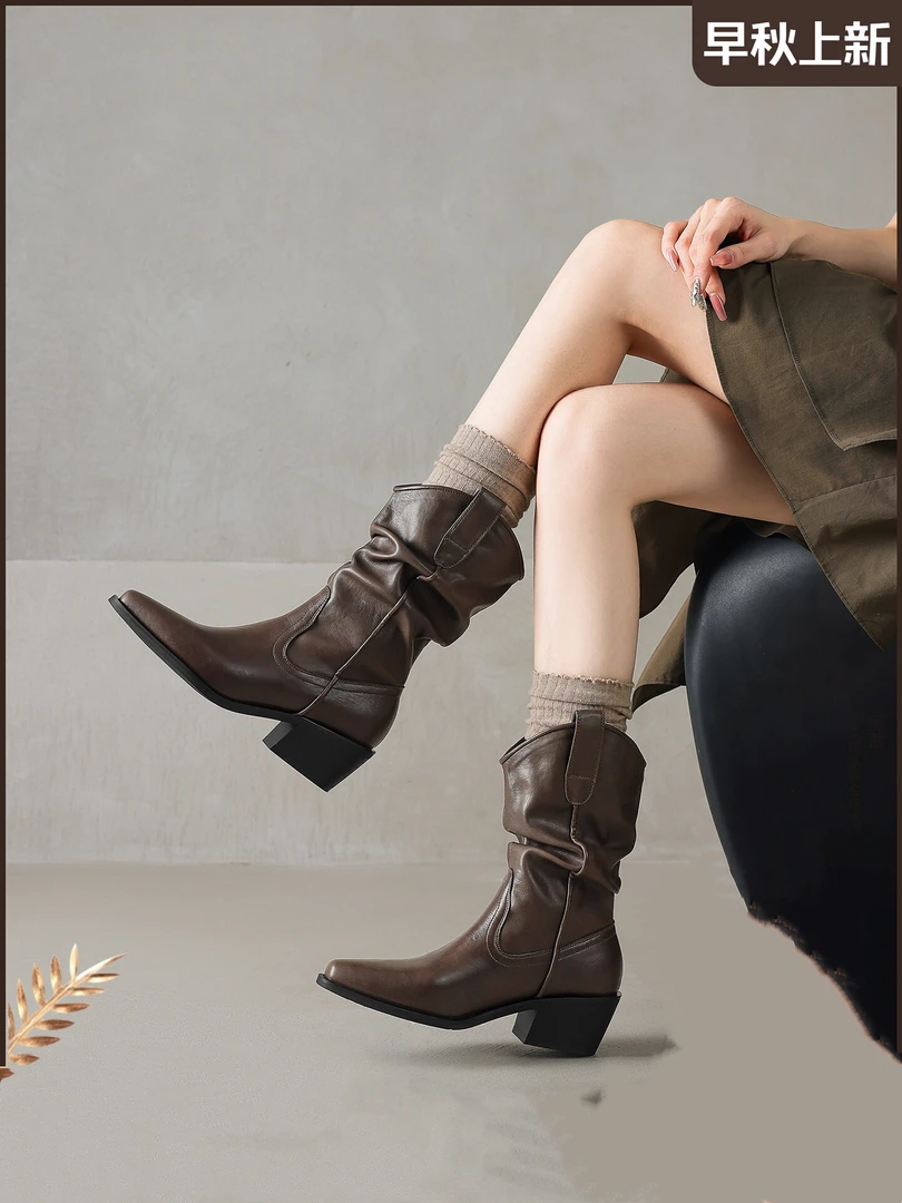 软皮版！褶皱堆堆短靴女2025新款粗跟显瘦中筒靴秋冬复古马丁靴子