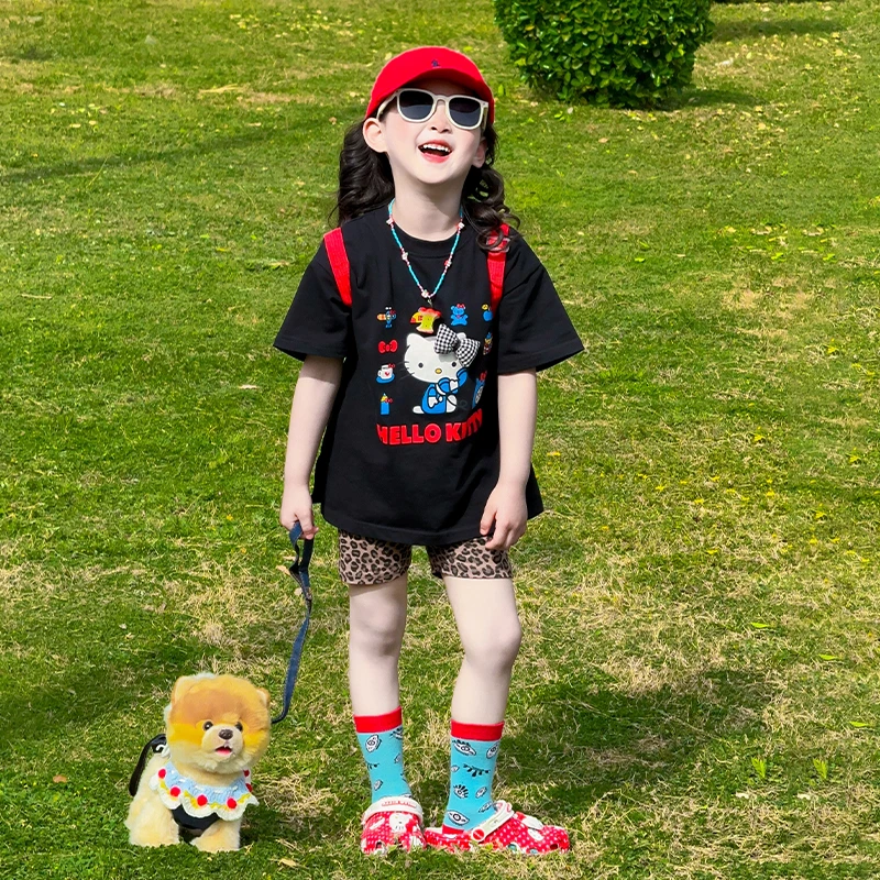 女童t恤短袖2025新款女孩夏装网红韩版运动套装女宝夏季豹纹裤子