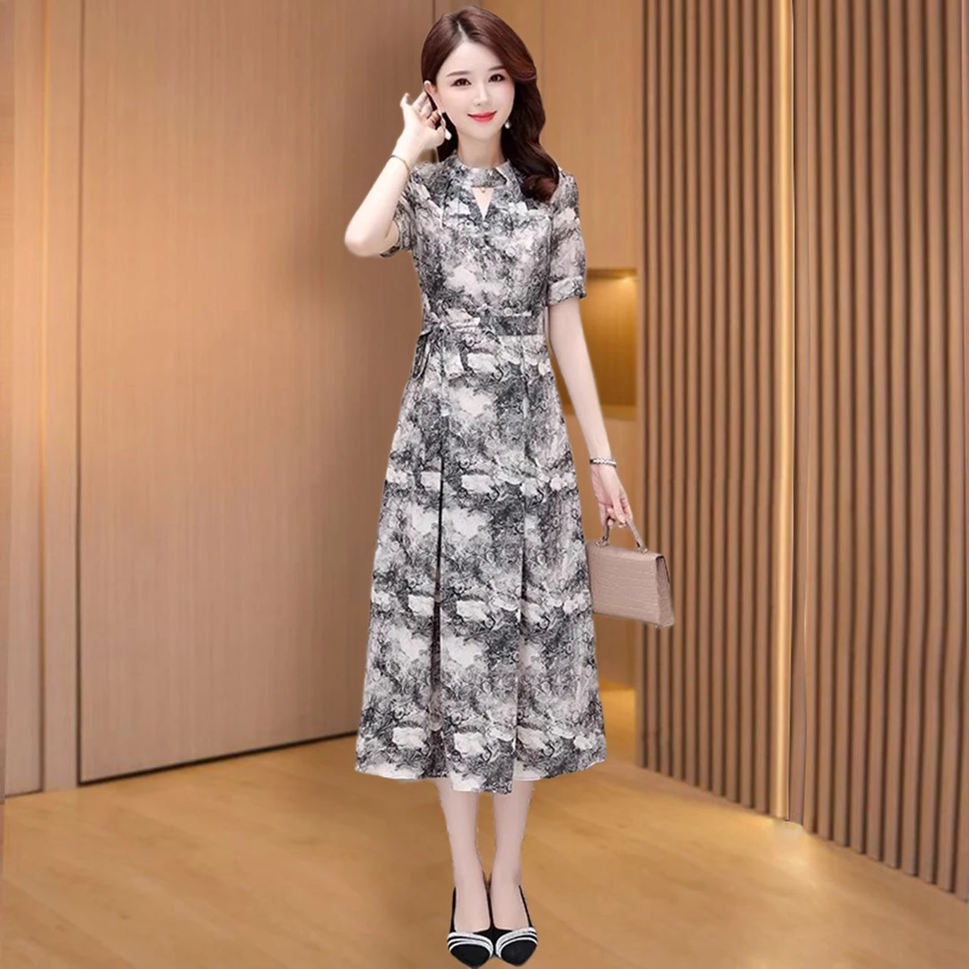 十三行复古水墨画连衣裙高端精致时尚女装新款贵夫人品牌礼服夏季