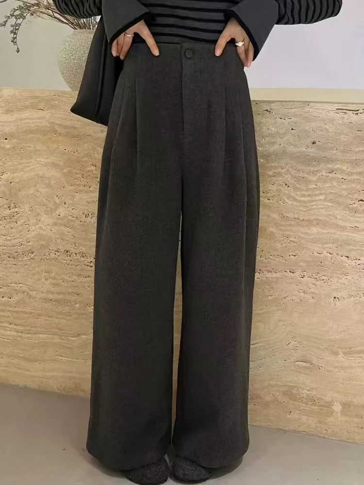 秋冬季新款大码D06加绒韩版休闲直筒宽松裤毛呢阔腿裤女