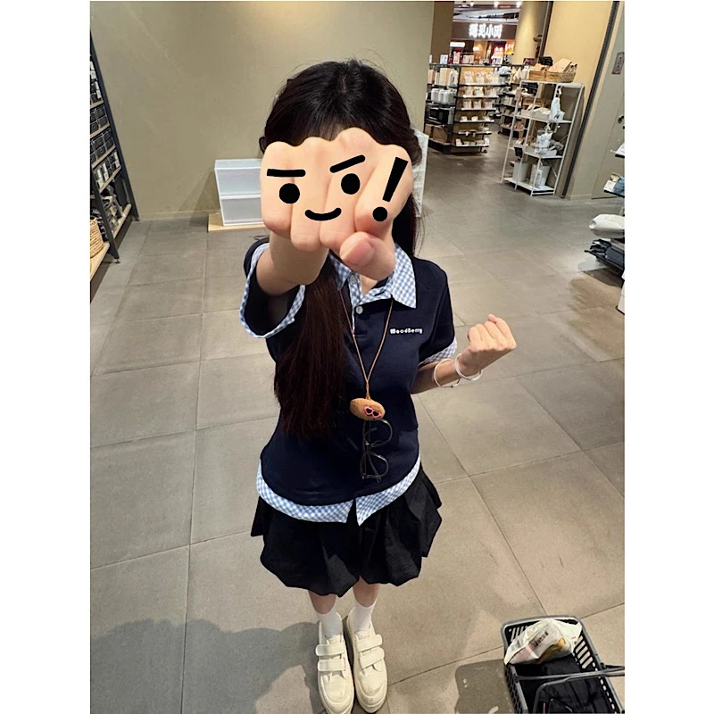 短袖学院风拼接修身型短款T恤撞色针织女士设计感显瘦时尚套装夏