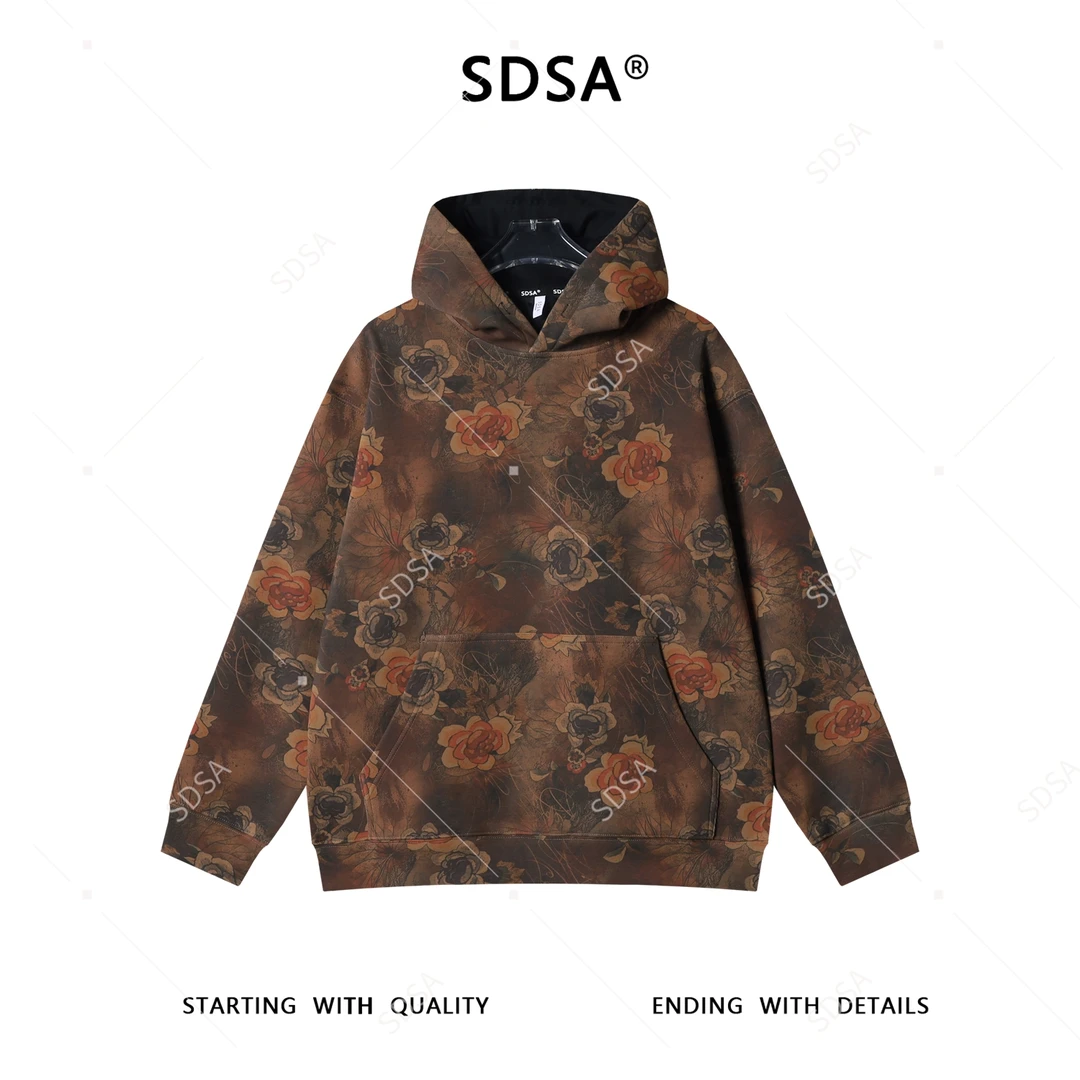 SDSA男士秋冬新款痞帅男装宽松扎染植物花卉连帽卫衣百搭宽松上衣