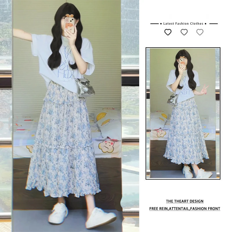 夏季穿搭套装女2025新款时尚印花短袖上衣显瘦碎花半身裙两件套