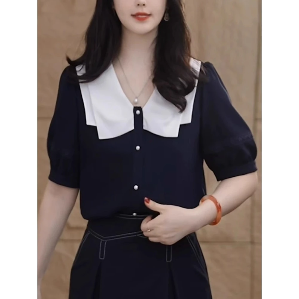 2025夏季新款高级感洋气减龄上衣服法式复古撞色大码泡泡袖衬衫女