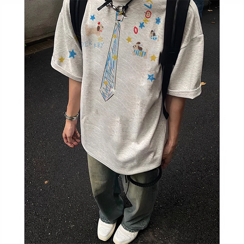 100%纯棉美式潮牌创意小狗领带字母印花短袖t恤男女夏季休闲上衣