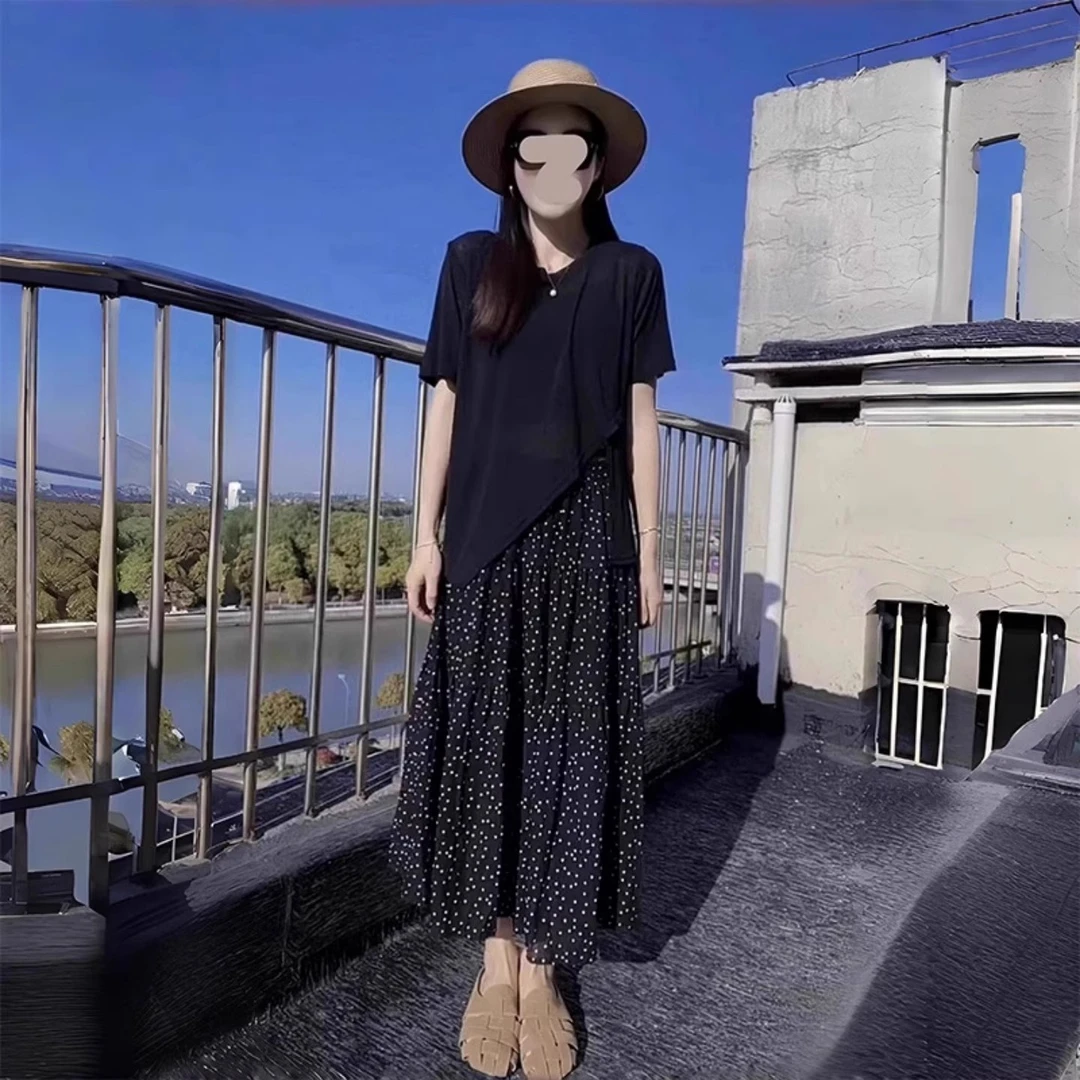 芯娇晴韩系慵懒chic套装时尚开叉薄款宽松T恤气质显瘦波点半身裙