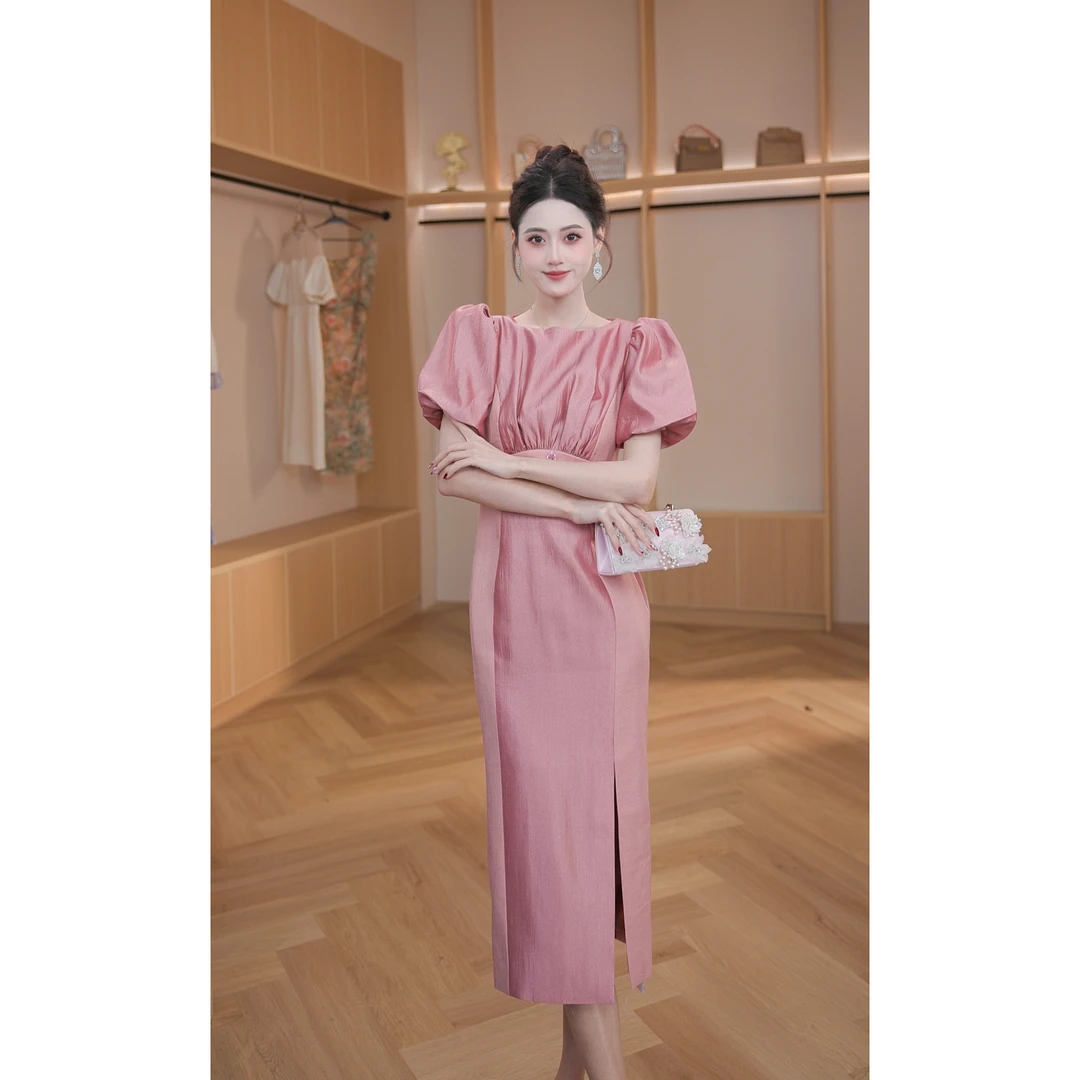 新款时尚灯笼袖开衩性感纯欲裙子拼接赫本风显瘦连衣裙30873