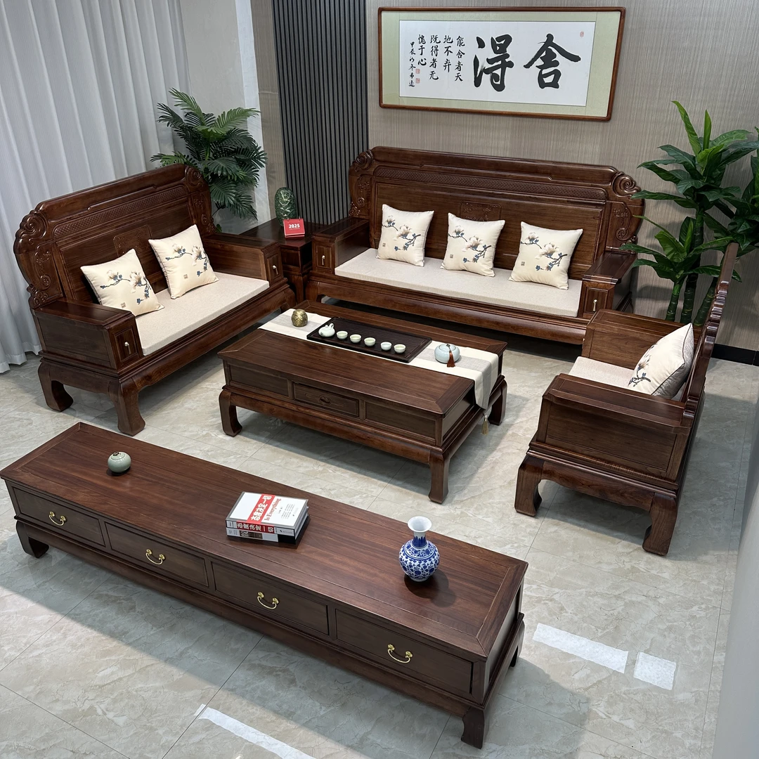 【锦上添花】实木沙发仿古雕花客厅农村别墅家用木头三人位木质沙发