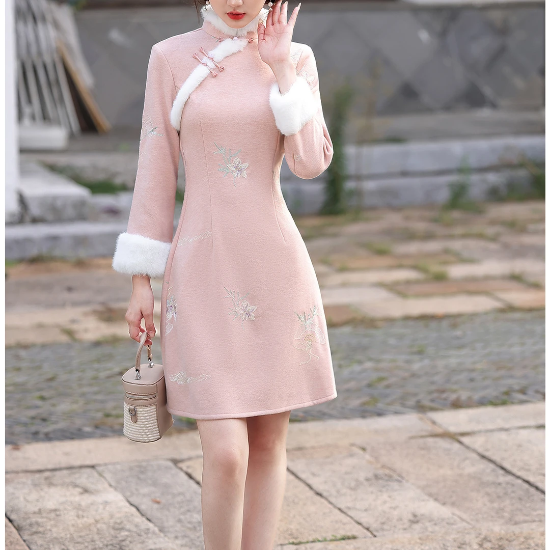粉色旗袍冬装小个子短款冬季长袖加绒加厚冬天女新中式国风年轻款
