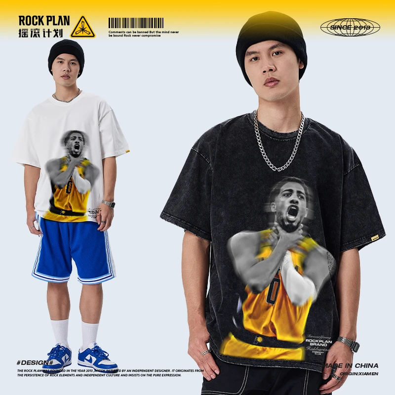 摇滚计划哈利伯顿绝杀美式高街夏季宽松复古男女同款纯棉短袖T恤