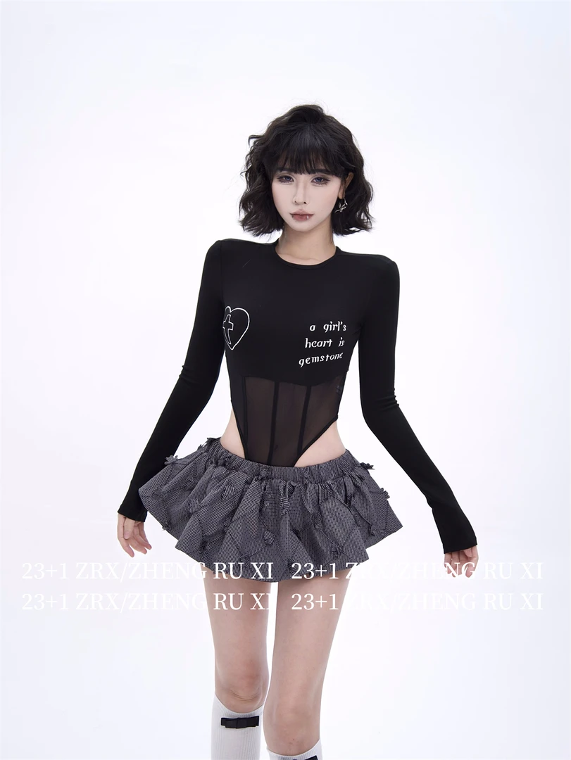 付新博女装拼接网纱连体T恤女美式时尚小众字母印花长袖上衣13560