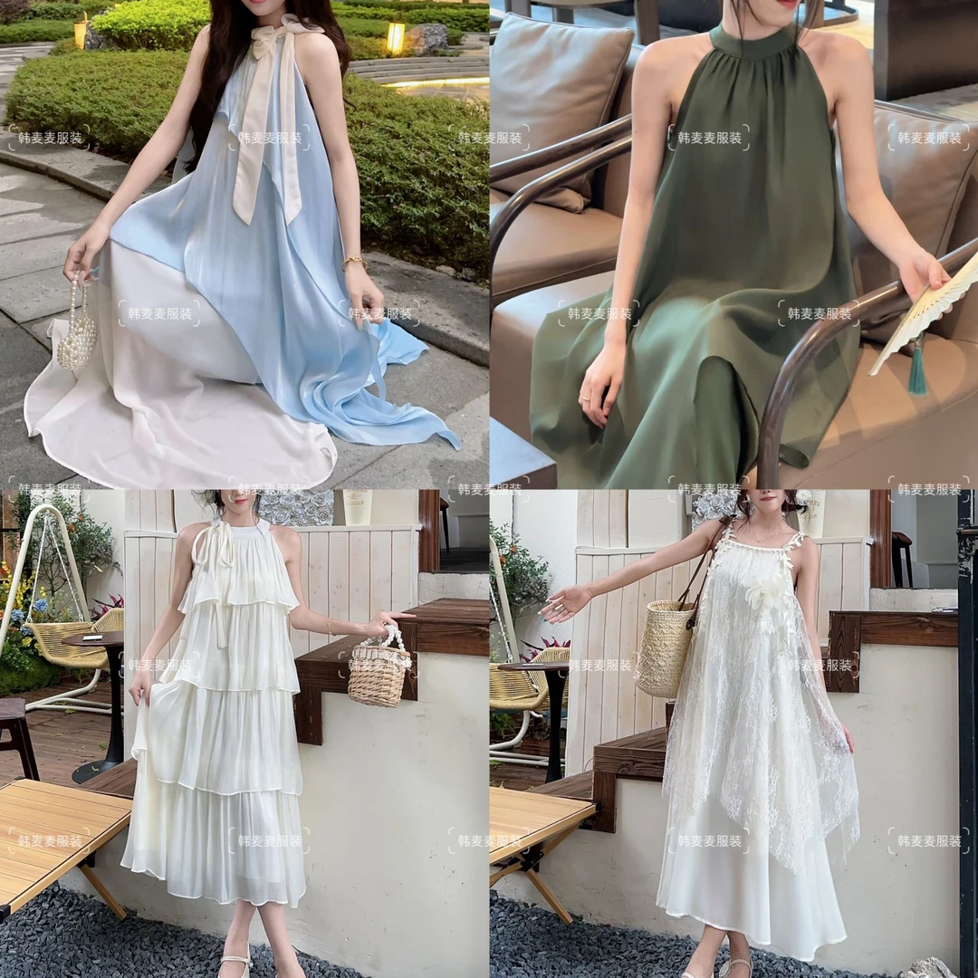 K01-K185/十三行春夏气质氛围感连衣裙减龄显瘦吊带挂脖新款裙女