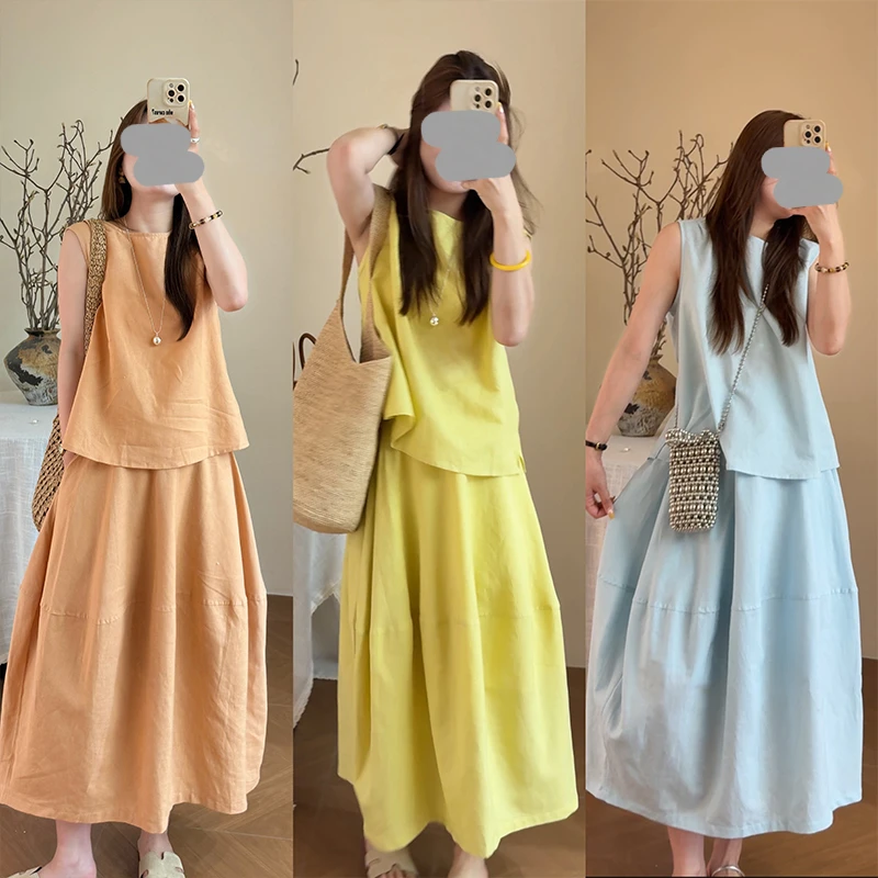 夏季新款时尚气质无袖上衣+半身裙两件套小清新设计感韩系套装女