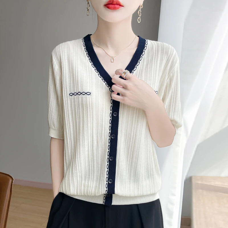 小香魅影～100%天丝V领撞色假开衫短袖清爽拼色减龄气质针织T恤