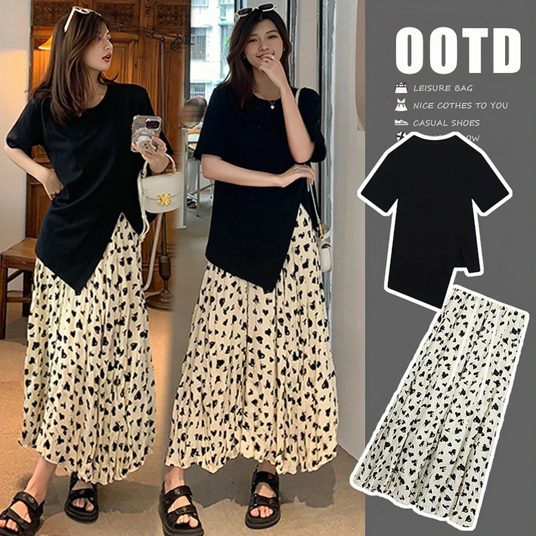 孕妇夏装上衣宽松遮肚设计感不规则下摆无托腹肌理感褶皱碎花裙