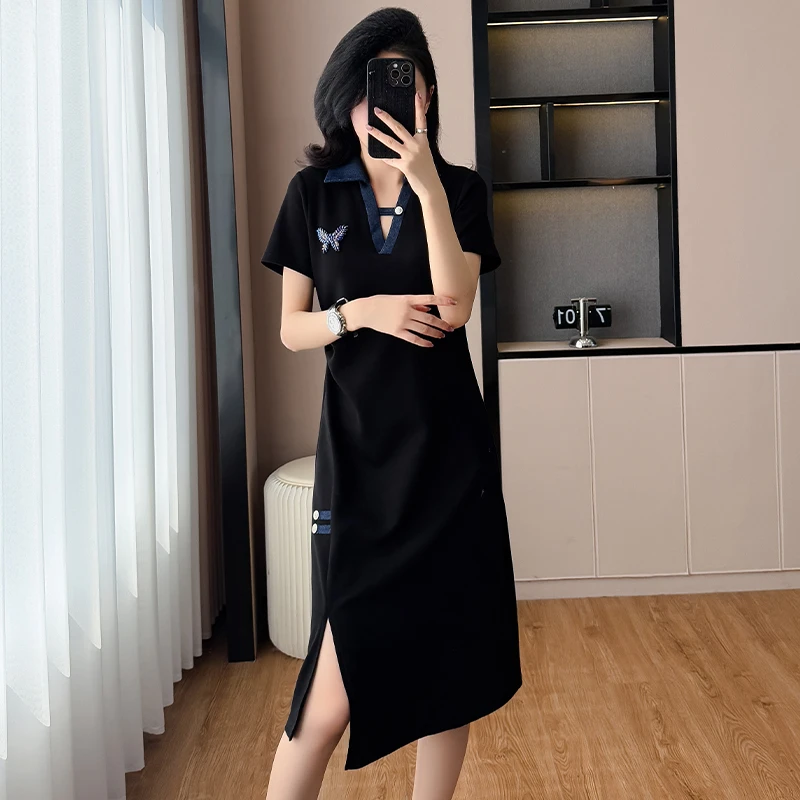 高级感时尚蝴蝶装饰牛仔拼接连衣裙夏季新款褶皱收腰开叉T恤裙子