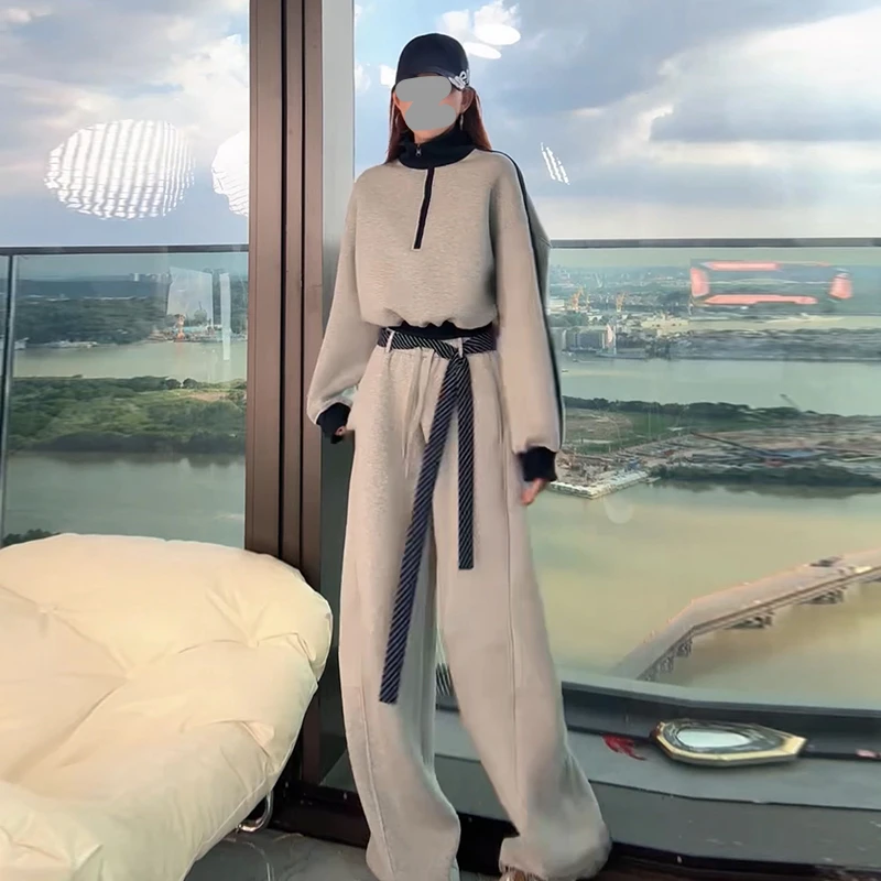 网红洋气炸街套装女2025年春秋新款撞色立领长袖卫衣阔腿裤两件套