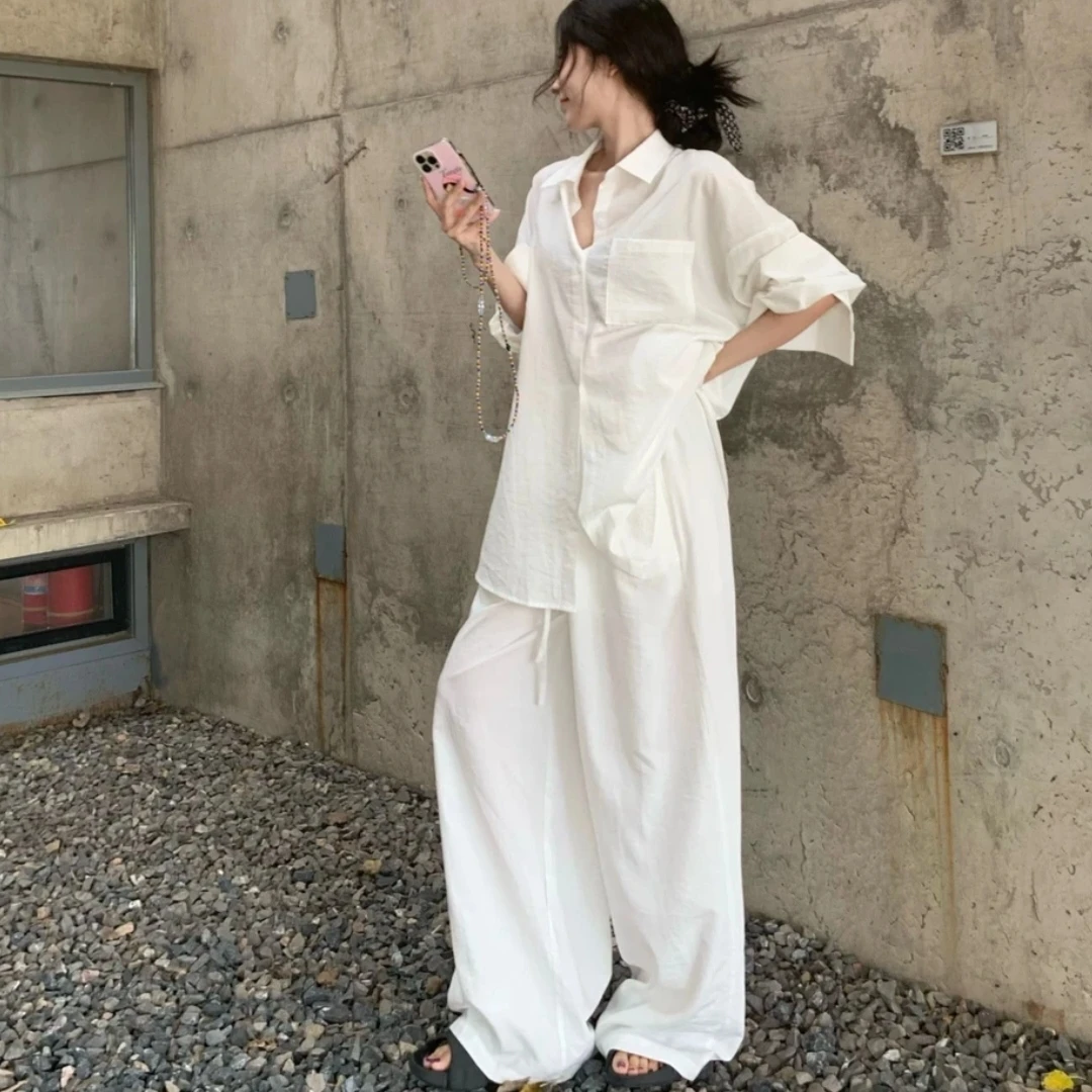 慵懒风宽松衬衫外套女装春季白色薄款长袖防晒上衣+裤子套装815