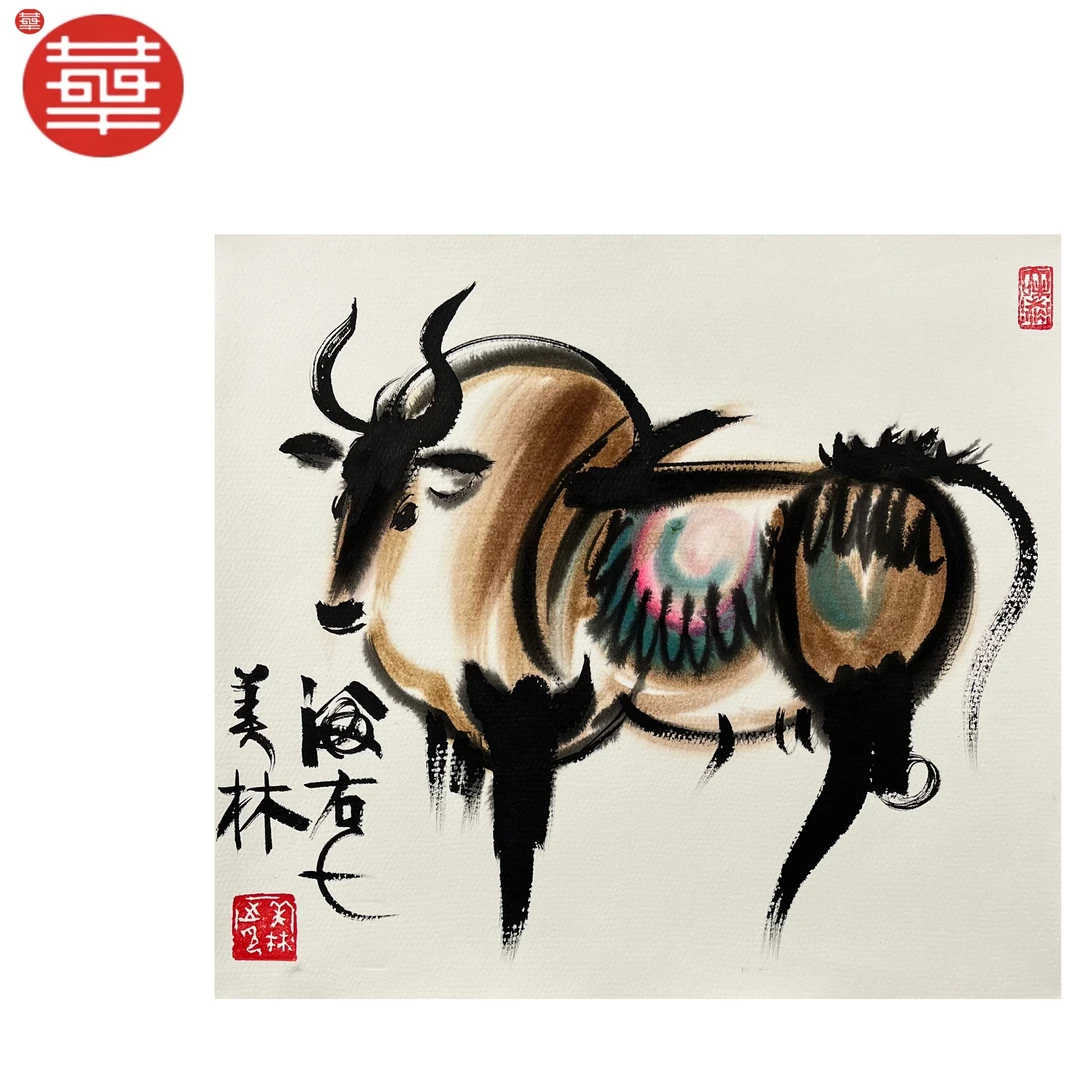 HML 绘画纸本镜心《生肖牛》37×35