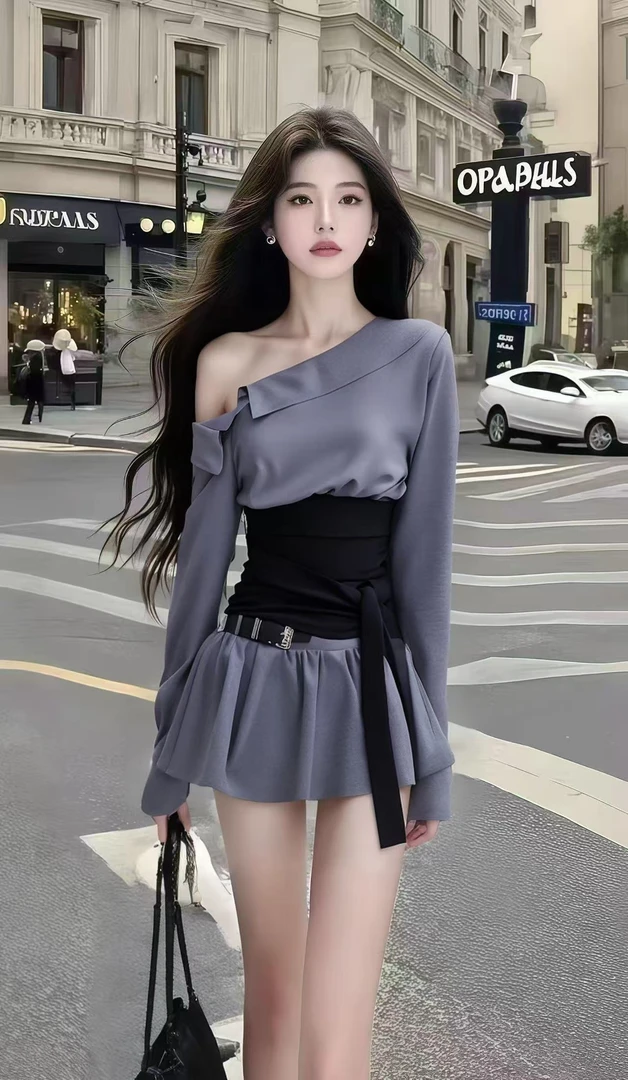 新款时尚轻奢高级感气质显瘦深灰色斜领长袖修身收腰设计感连衣裙