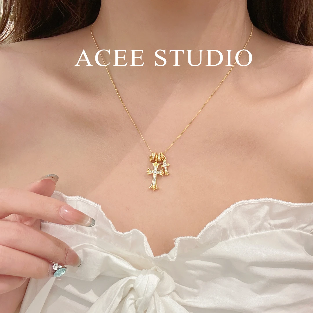 坠链均925银合成锆石 ACEE设计古法金十字架项链女2025新款ins风