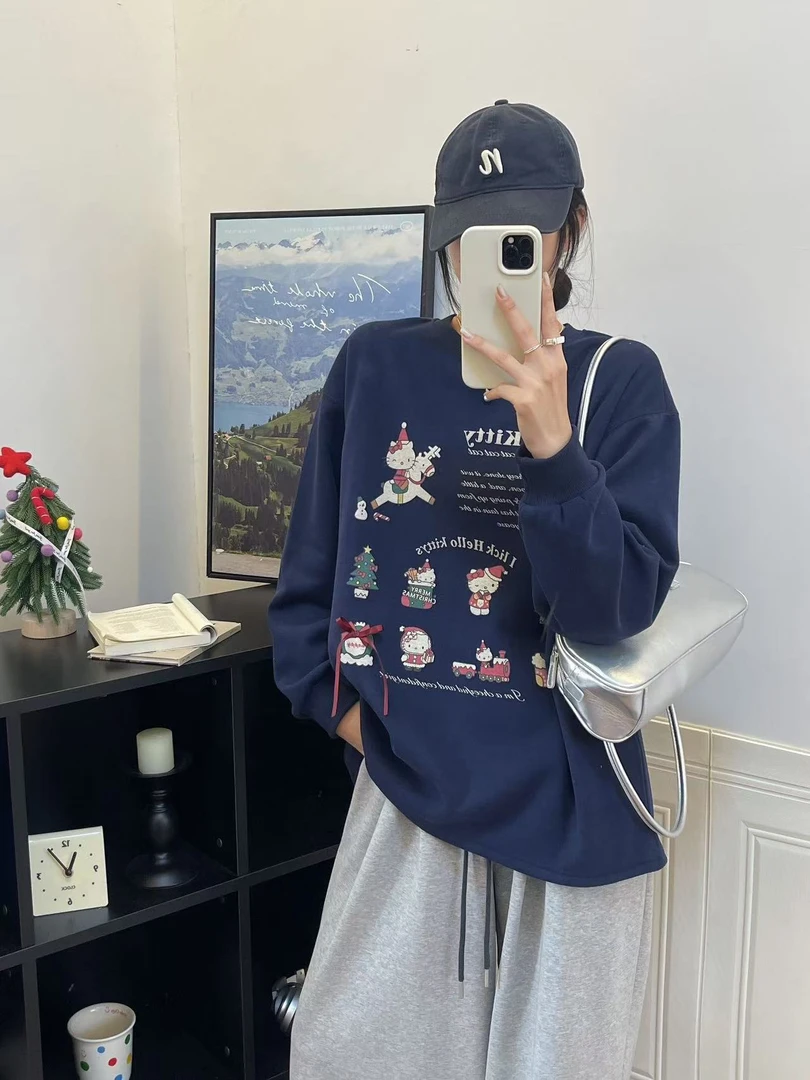 韩版圣诞卡通中长款加绒卫衣 长袖百搭红色宽松加厚印花圆领秋冬