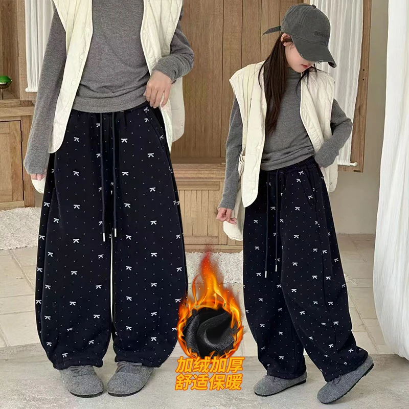 女童加绒裤子秋冬款2025新款韩版儿童时尚针织裤大童冬季休闲卫裤