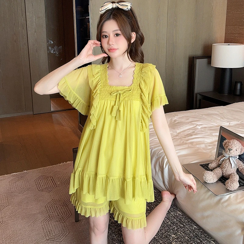 【带胸垫】夏季薄款纯欲风睡衣女短袖网纱甜美性感可外穿家居服套装