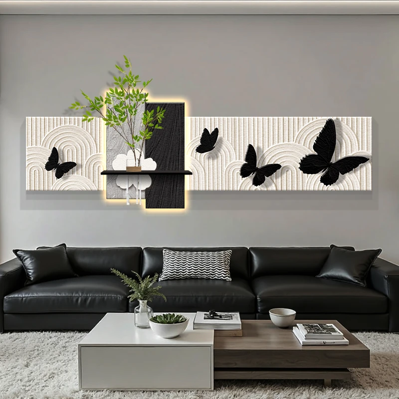 花瓶绿植沙发背景墙装饰画蝴蝶立体简约高级感客厅挂画黑白灰壁画