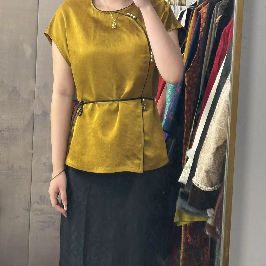 100桑蚕丝！金龟缎短袖上衣