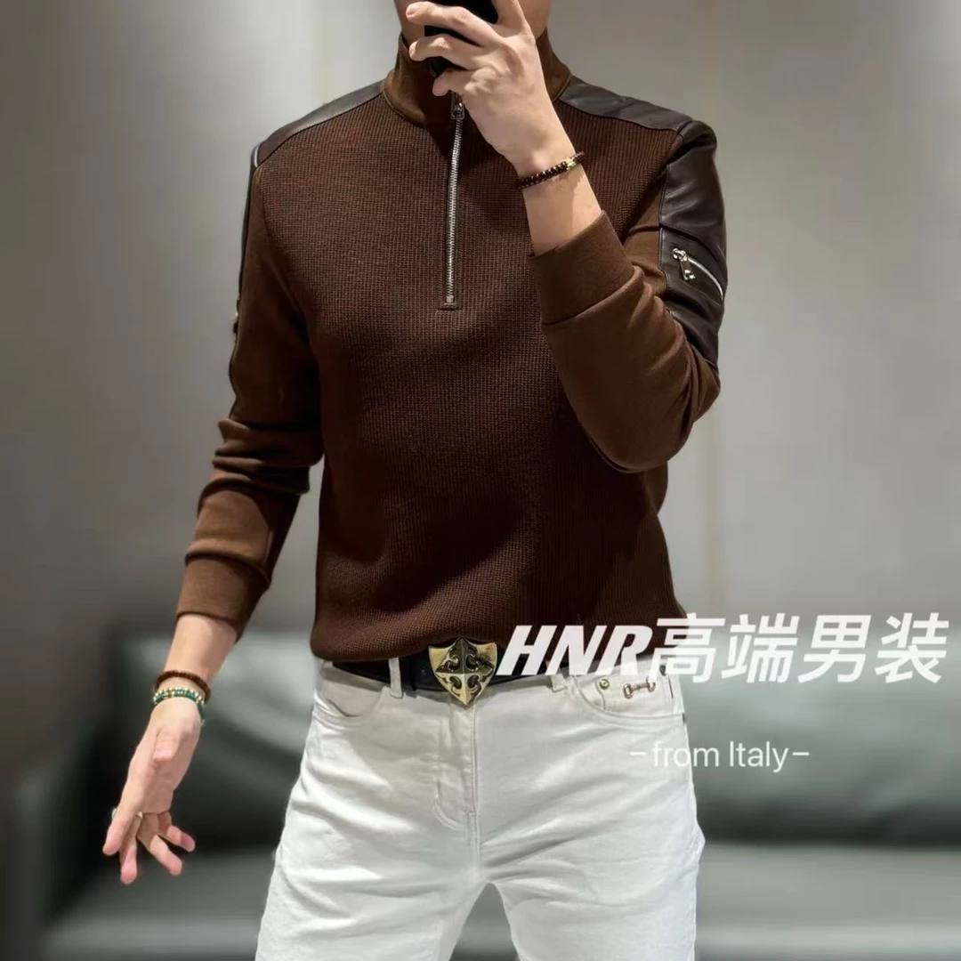 【绵羊皮拼接】纯色半开拉链设计款休闲时尚拉链加绒卫衣9892