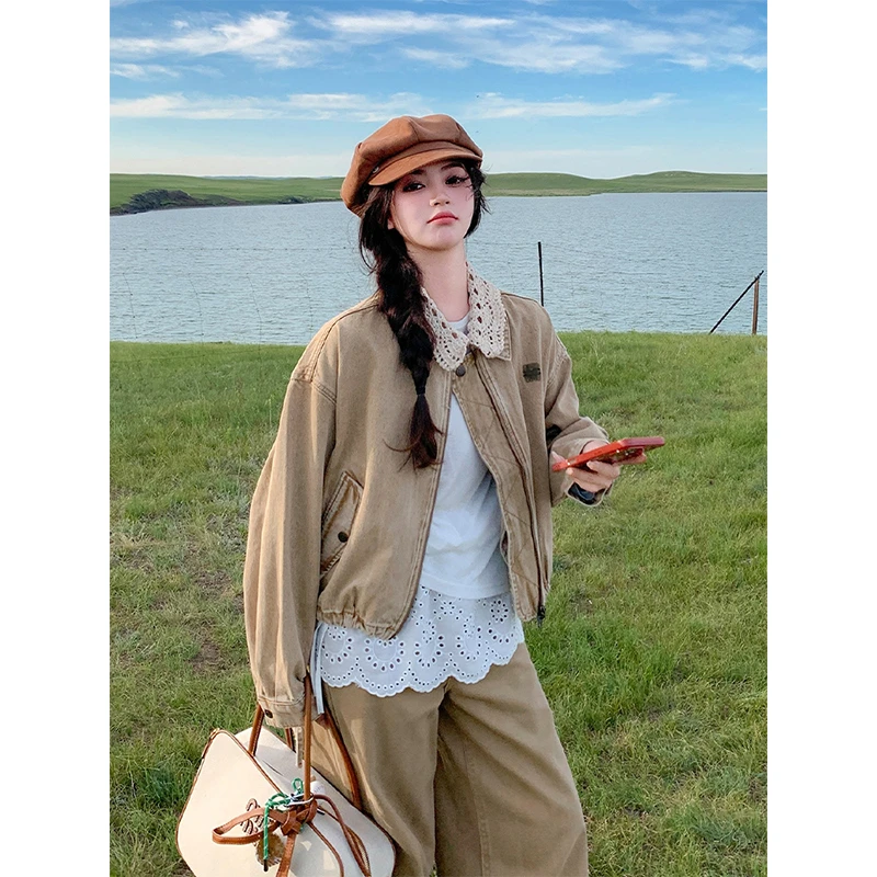 美式浪漫蕾丝千金风针织领牛仔外套秋季设计感花苞下摆休闲夹克女