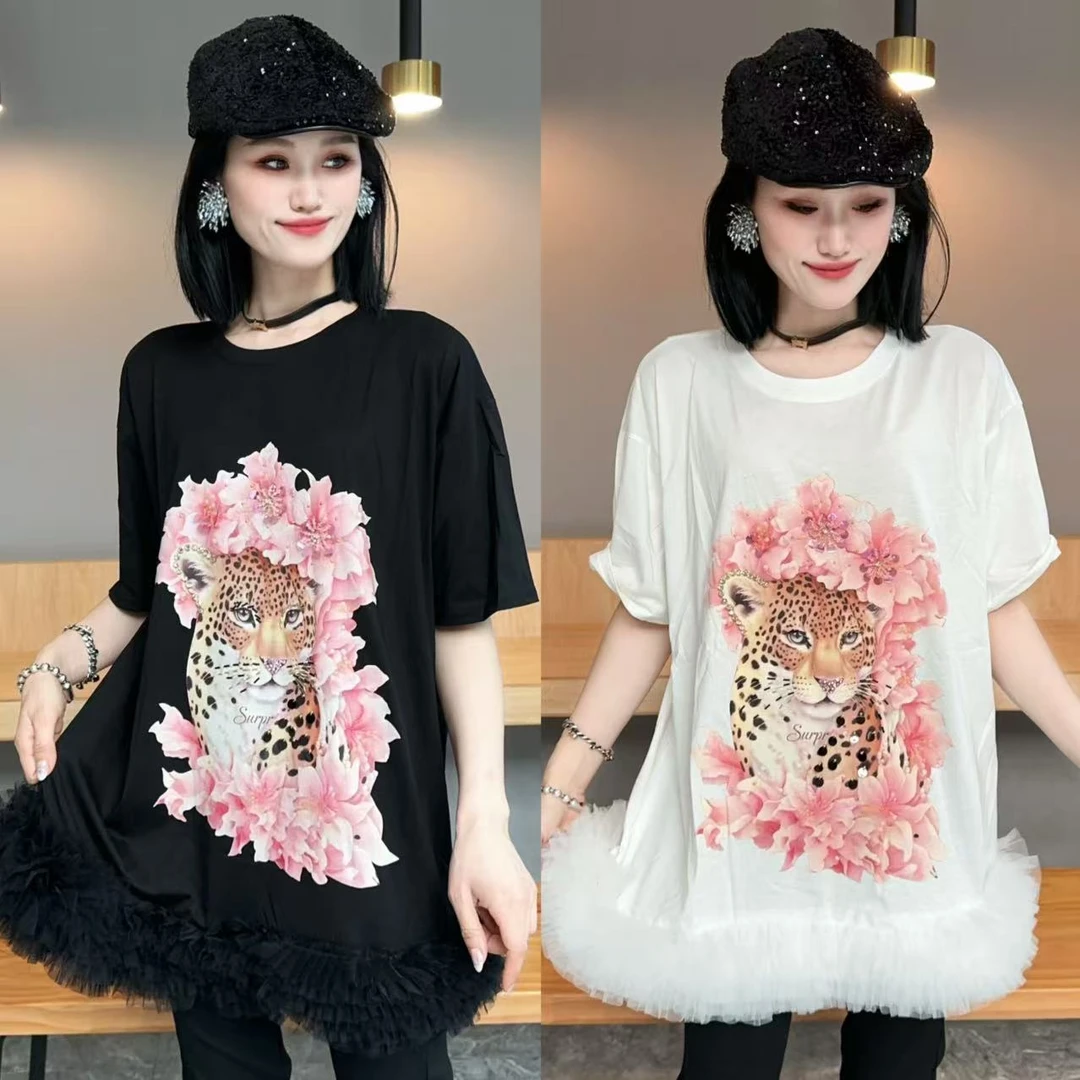 【YJ·高定】2025春夏蕾丝珠片宽松显瘦百搭小衫半袖连衣裙女 YY1935