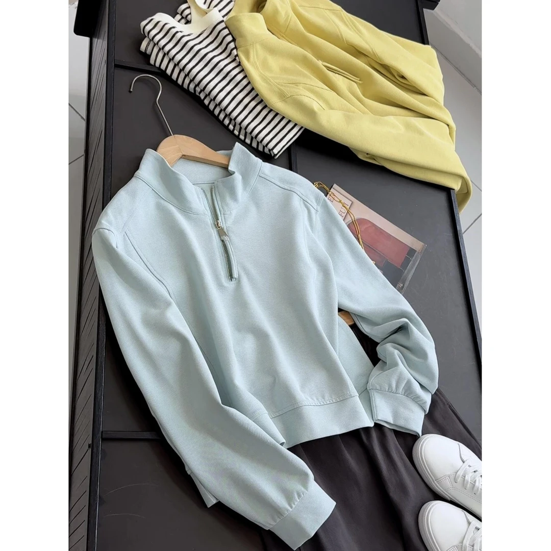 秋季新款纯色立领半拉链卫衣女小个子短款休闲百搭上衣