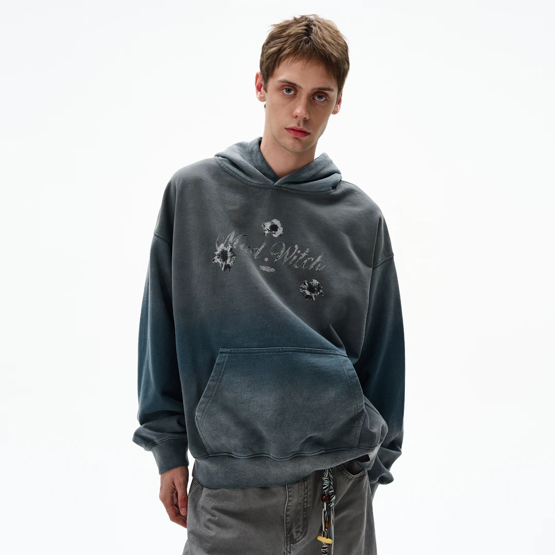 MADWITCH原创美式渐变水洗印花连帽卫衣男女宽松休闲街头潮牌外套