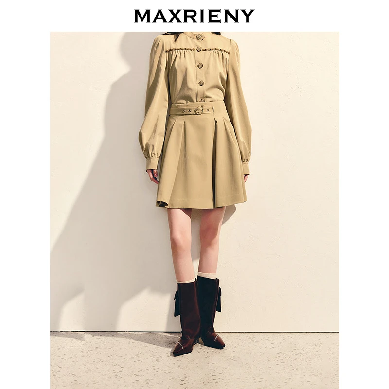 MAXRIENY欧若轻机能卡其色收腰压褶a字半身裙25春气质欧若动感风