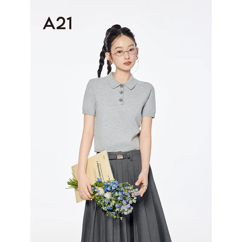 A21女装miu系学院风翻领短袖针织衫上衣F452243025