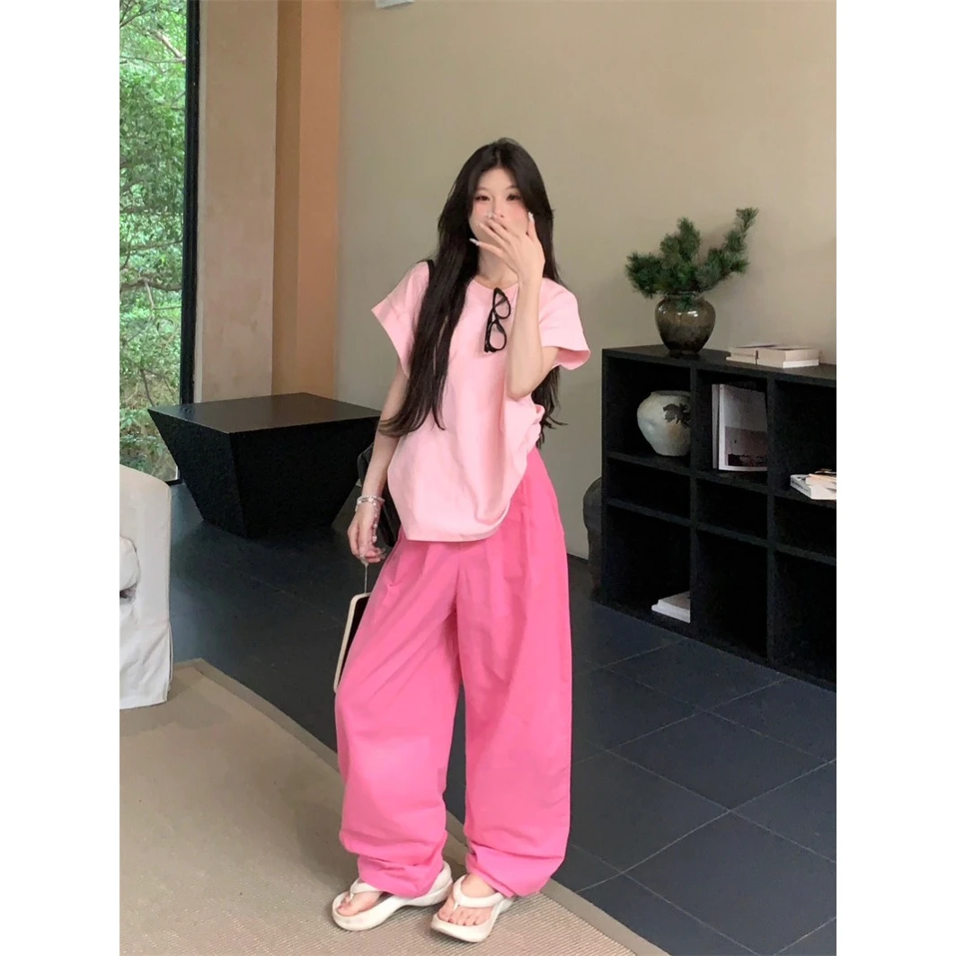 多巴胺穿搭慵懒风宽松短袖恤阔腿休闲裤女夏季新款时尚套装