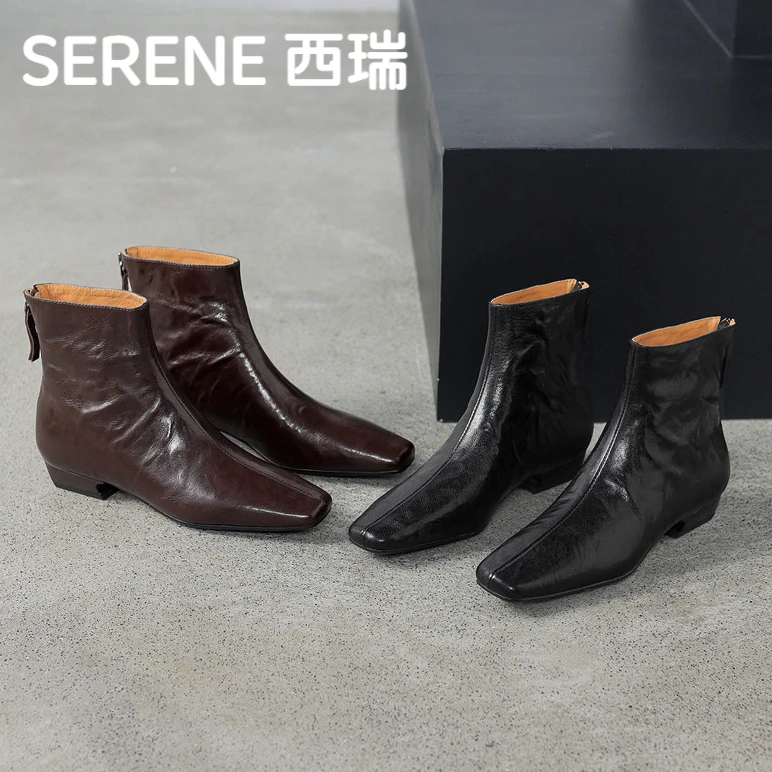 西瑞真皮低跟短靴冬厚底鞋女款2025新款爆款阔腿裤专用鞋子百搭款