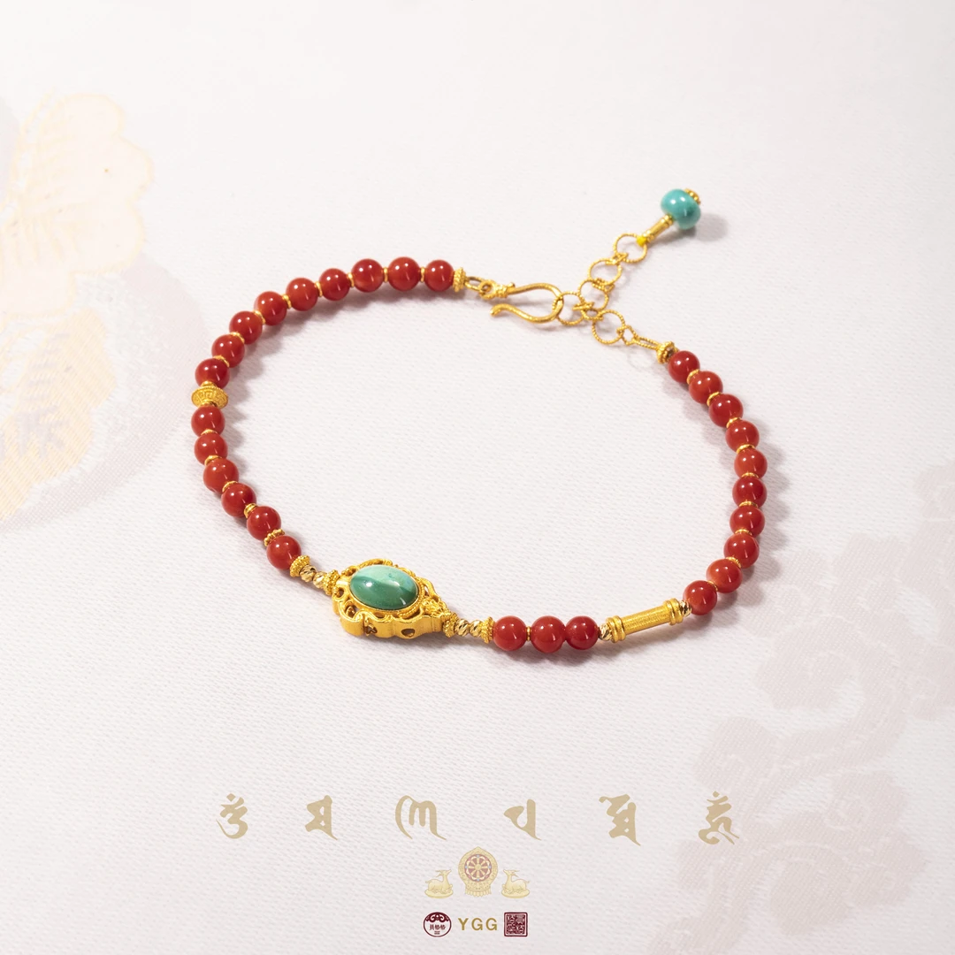 K员格格/天然红珊瑚圆珠手链/绿松石蛋面/FZQJQ58