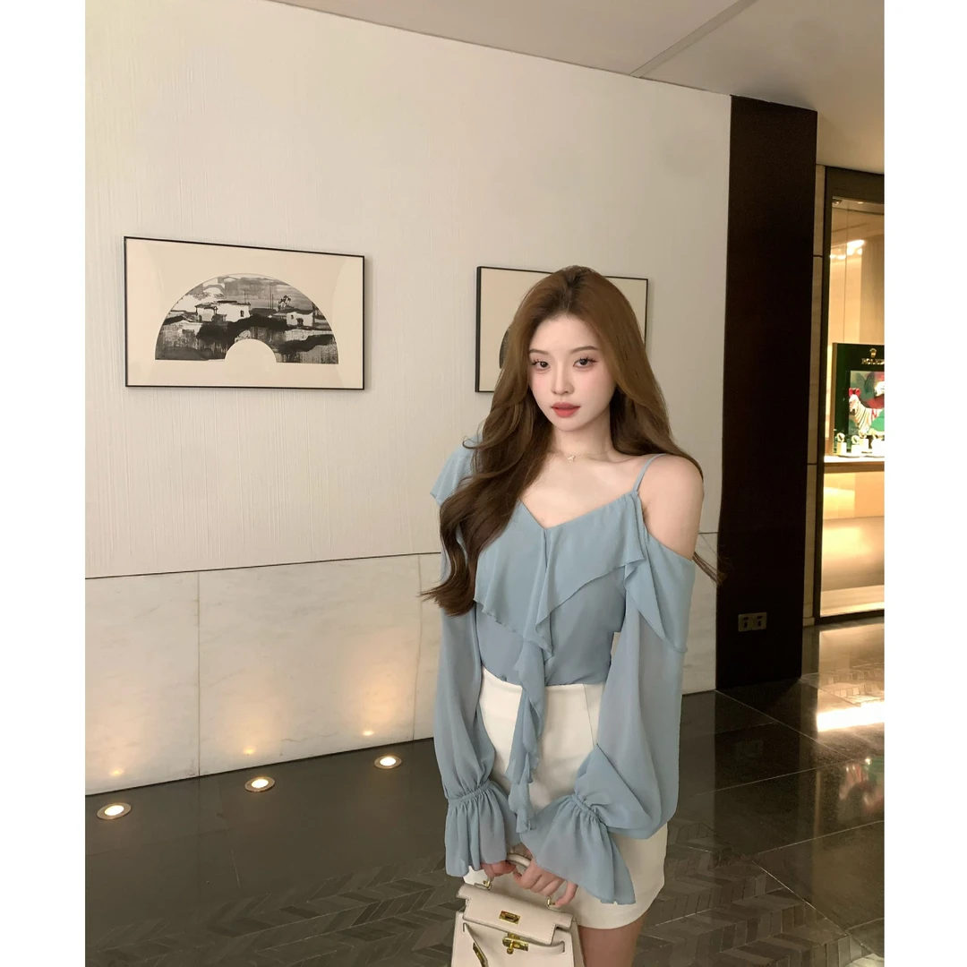 SZA【雾都恋人】夏季新款气质温柔甜美荷叶边露肩V领雪纺衫A-2068