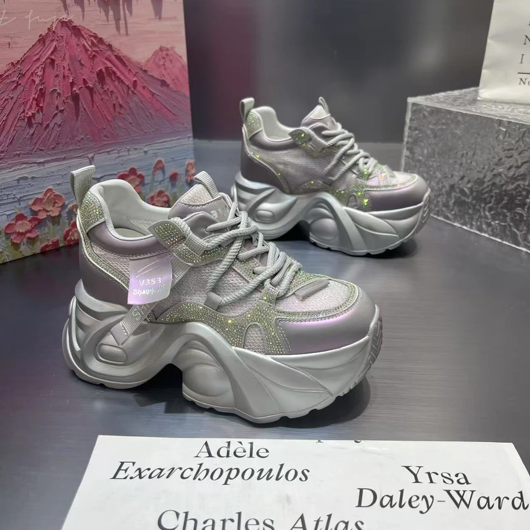 增高透网老爹鞋女2025春夏季新款水钻网面运动休闲鞋女鞋潮