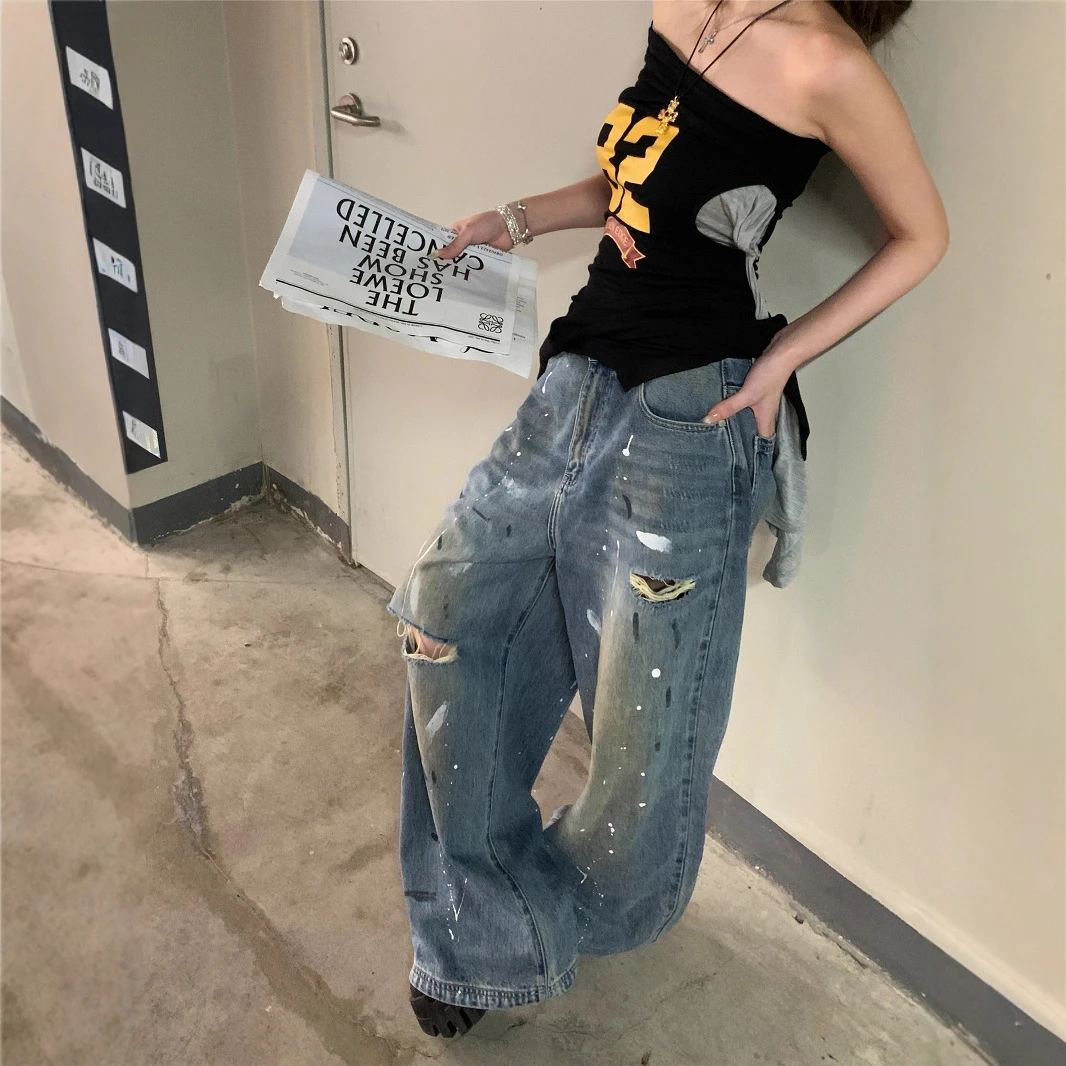 实拍2025辣妹泼漆宽松破洞阔腿牛仔裤美式女潮